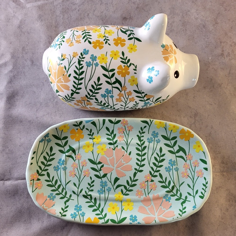 Pig Butter Dish Server Floral- Farmhouse Decor Ceramic Tableware New 7"Country